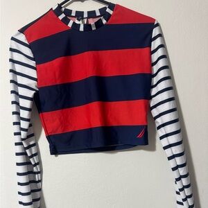 Nautica Red and Navy Striped Long Sleeve Tee